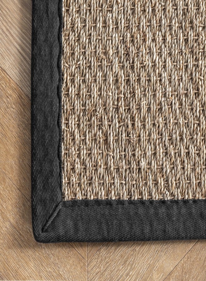 nuLOOM 3x5 Elijah Seagrass Area Rug, Black, Solid Farmhouse Style, Cotton Bordered, Basketweave, Natural Fiber, For Bedroom, Dining Room, Living Room, Hallway, Office, Kitchen, Entryway - Image 4